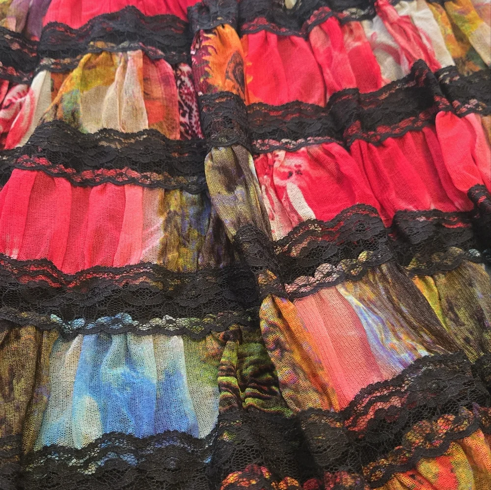 Simon Chang Floral With Lace Tiered A-Line Skirt - Picture 3 of 8